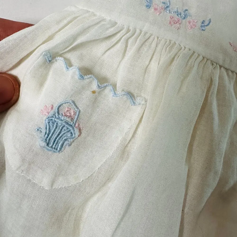 Vintage Spring Easter Flower Basket Pinafore Tie Back Apron Dress Sz 0-3 mo